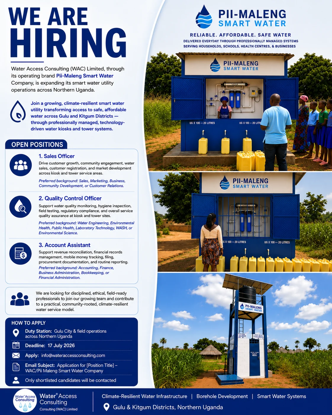 Pii-Maleng Smart Water job advert for a Sales Officer, Quality Control Officer and Account Assistant, closing 17 July 2026